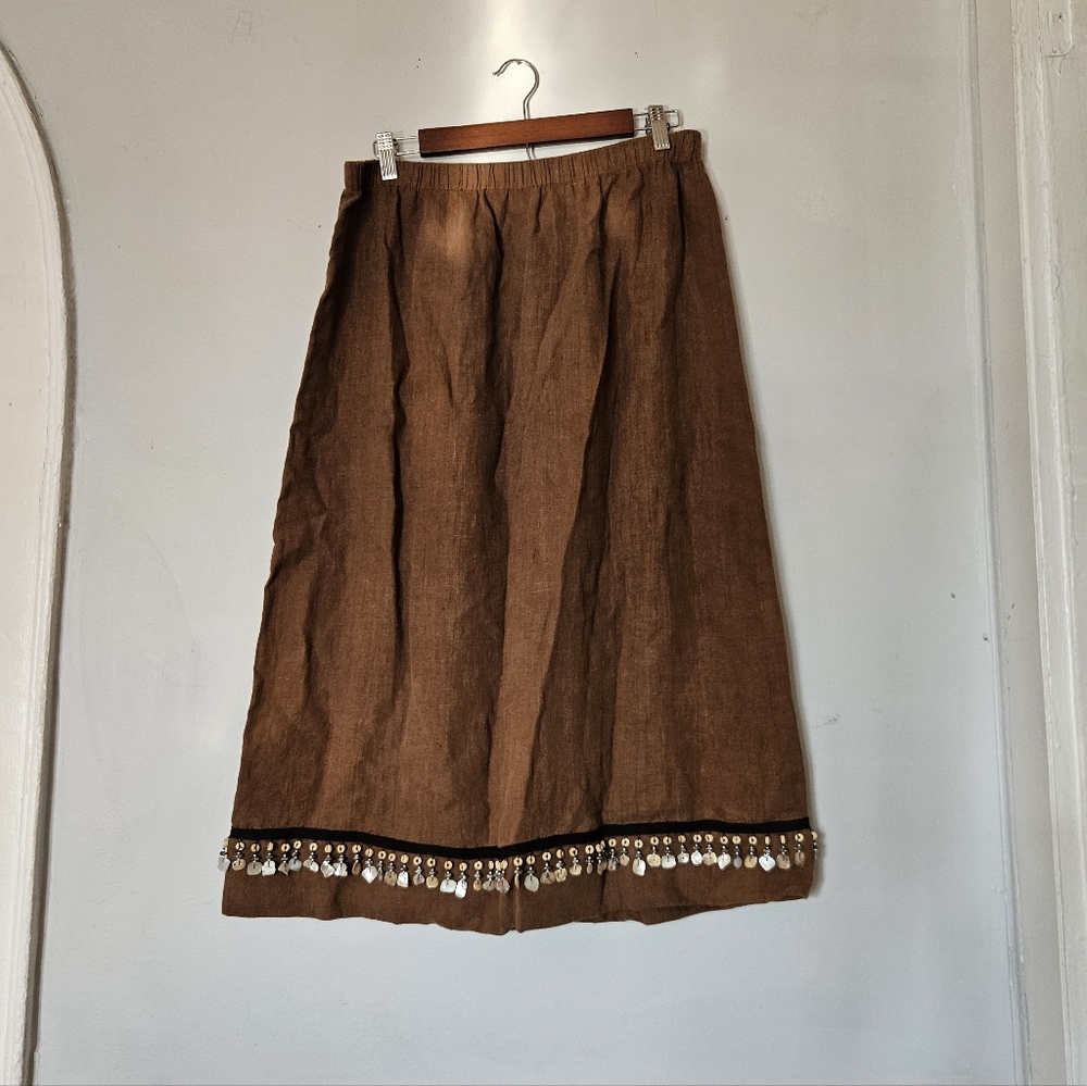 Hot Cotton By Marc Ware Vintage Linen Maxi Skirt Brown Beaded Shell Detail